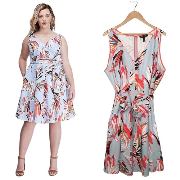 Lane Bryant Dresses & Skirts - Lane Bryant Tropical V Neck Brush Stroke Sleeveless Belted Dress Light Blue 24